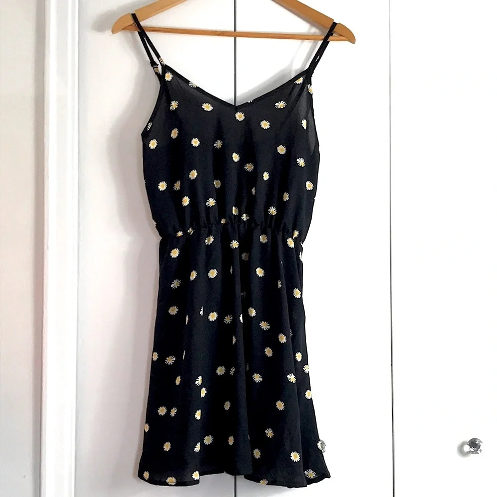 Shein Black with White Daisy/Floral Semi-Sheer Sun Dress, Size XS - Picture 1 of 8